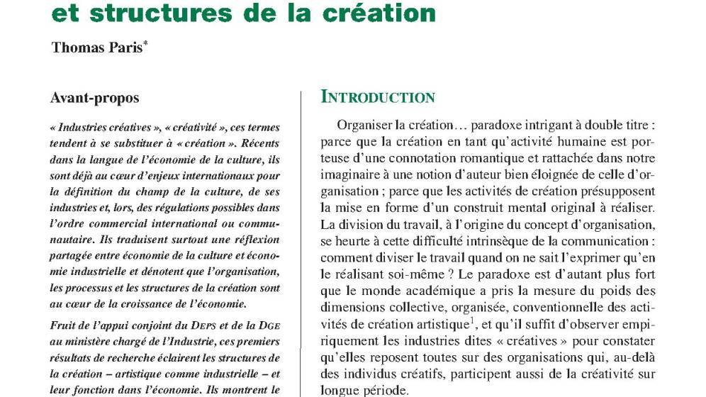 Organisation, processus et structures de la création 