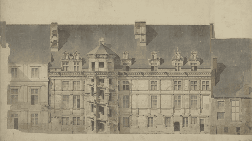 Château de Blois, Loir-et-Cher, Aile et escalier François 1er : Élévation côté cour avant restauration, Félix Duban